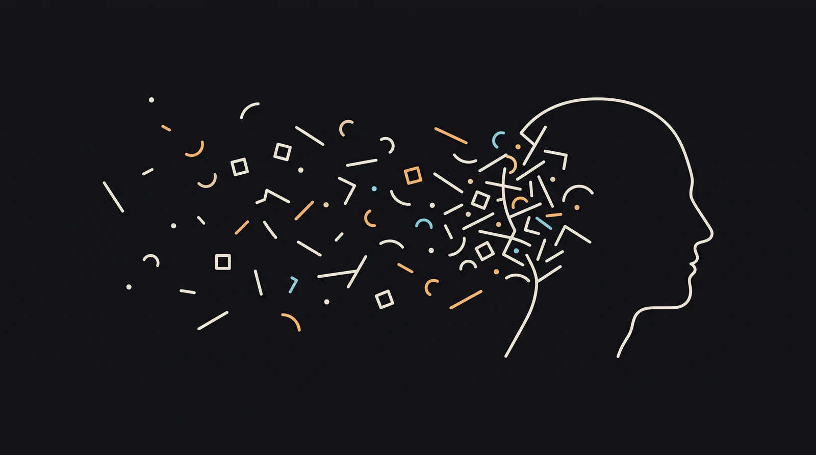 Scattered fragments — short strokes, small squares and arcs — drifting from the left and converging on the right into the single continuous outline of a person.